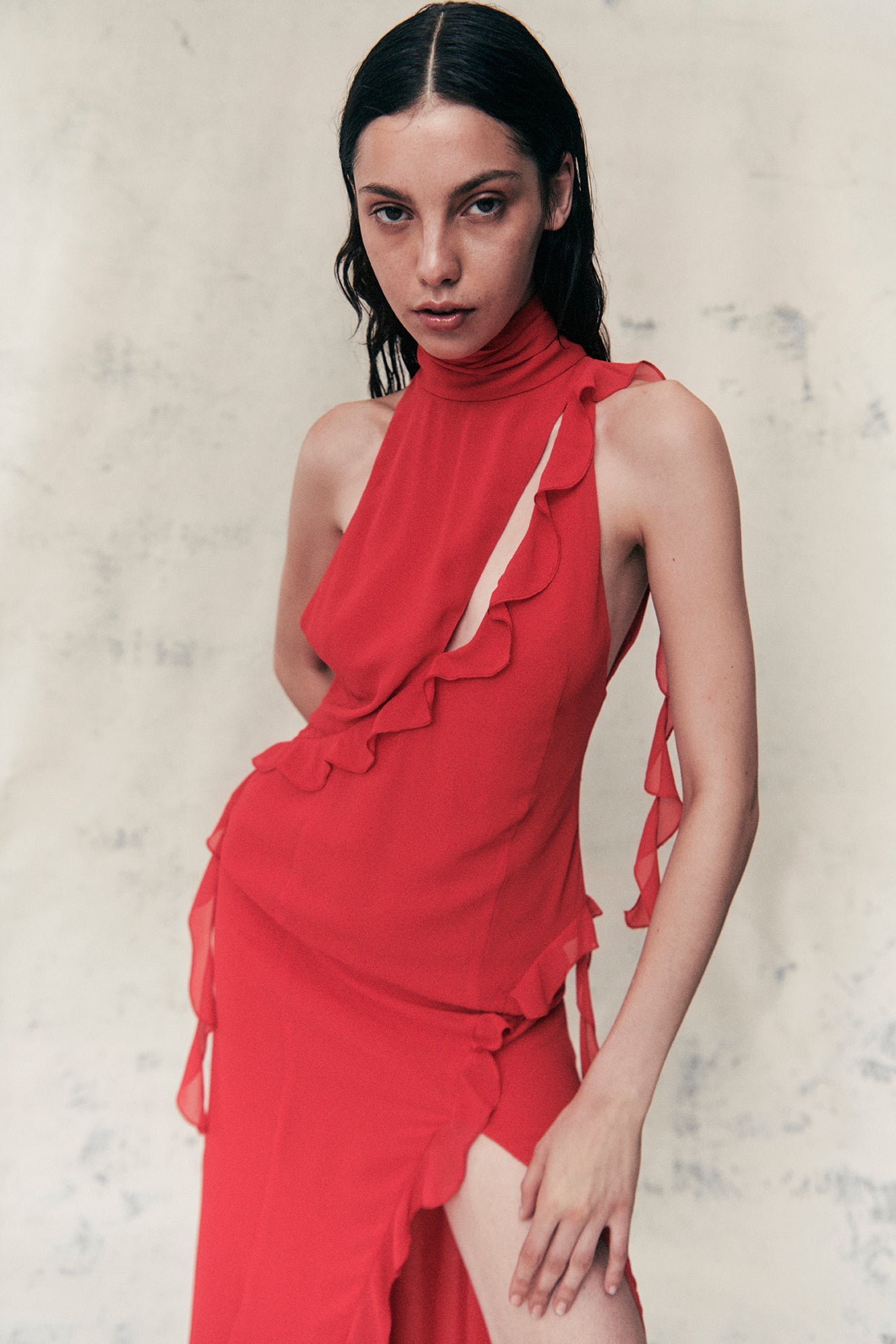 Parfait Halter Neck Dress -Red Chiffon