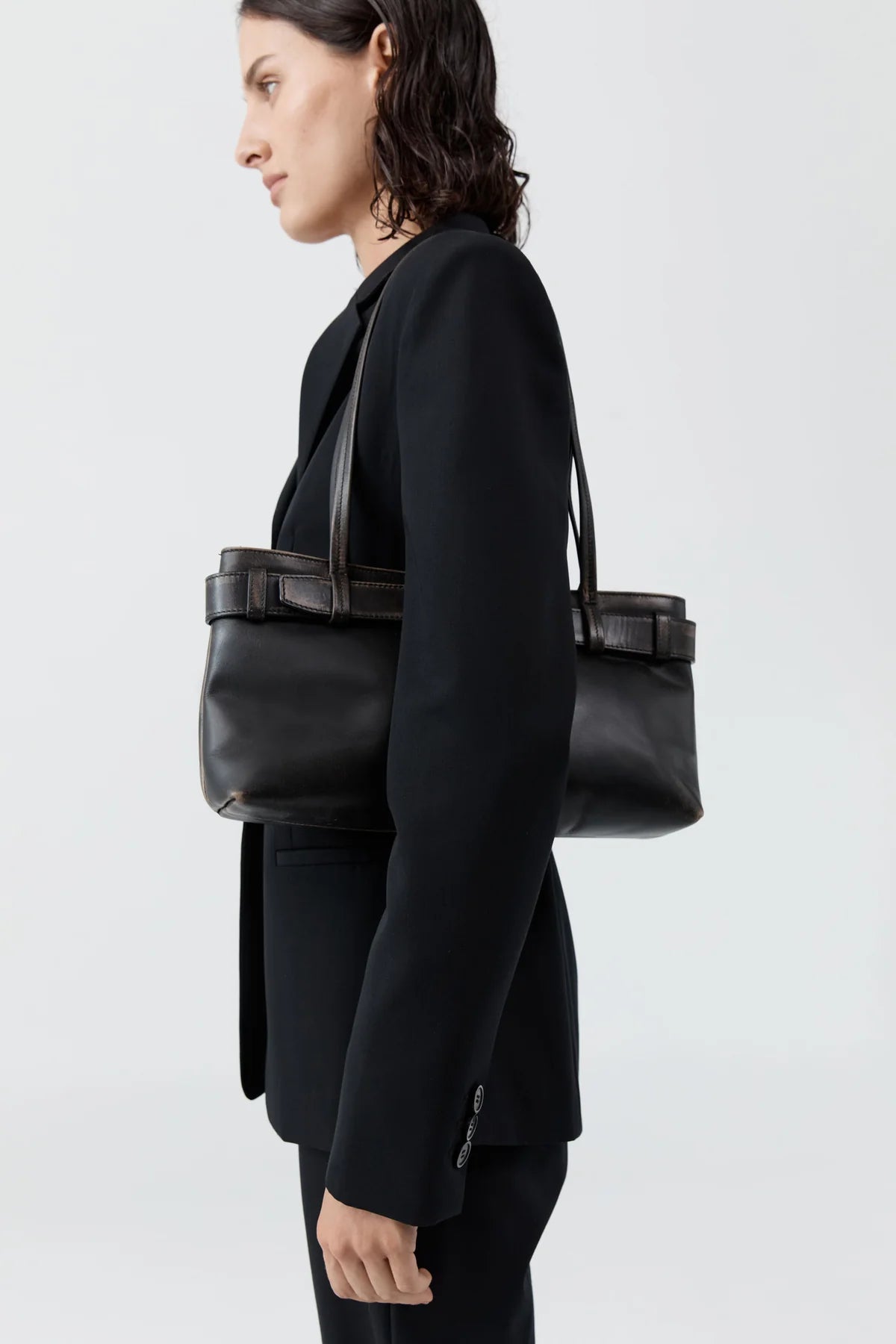 Pre Order * Brushed Belt Detail Baguette Black