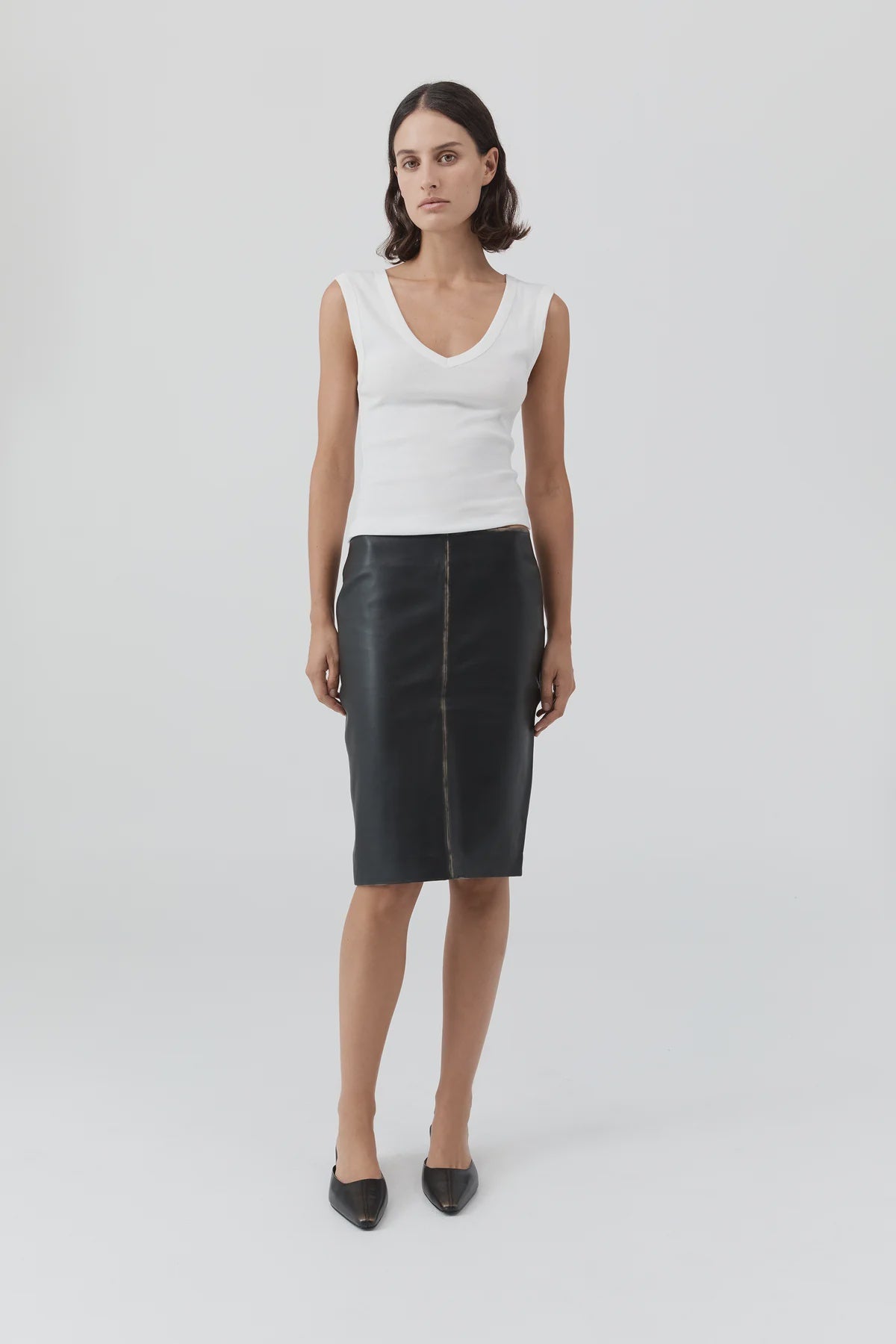Pre Order * Brushed Leather Pencil Skirt - Black