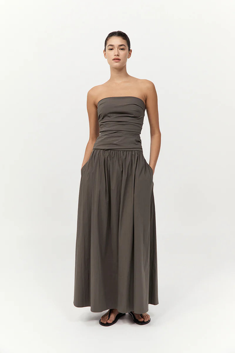 Gathered Strapless Tie Back Dress - Khaki
