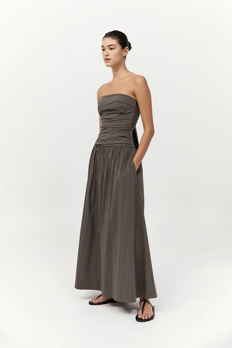 Gathered Strapless Tie Back Dress - Khaki