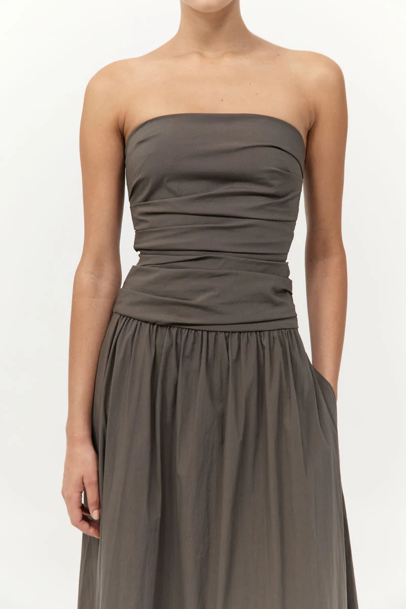 Gathered Strapless Tie Back Dress - Khaki