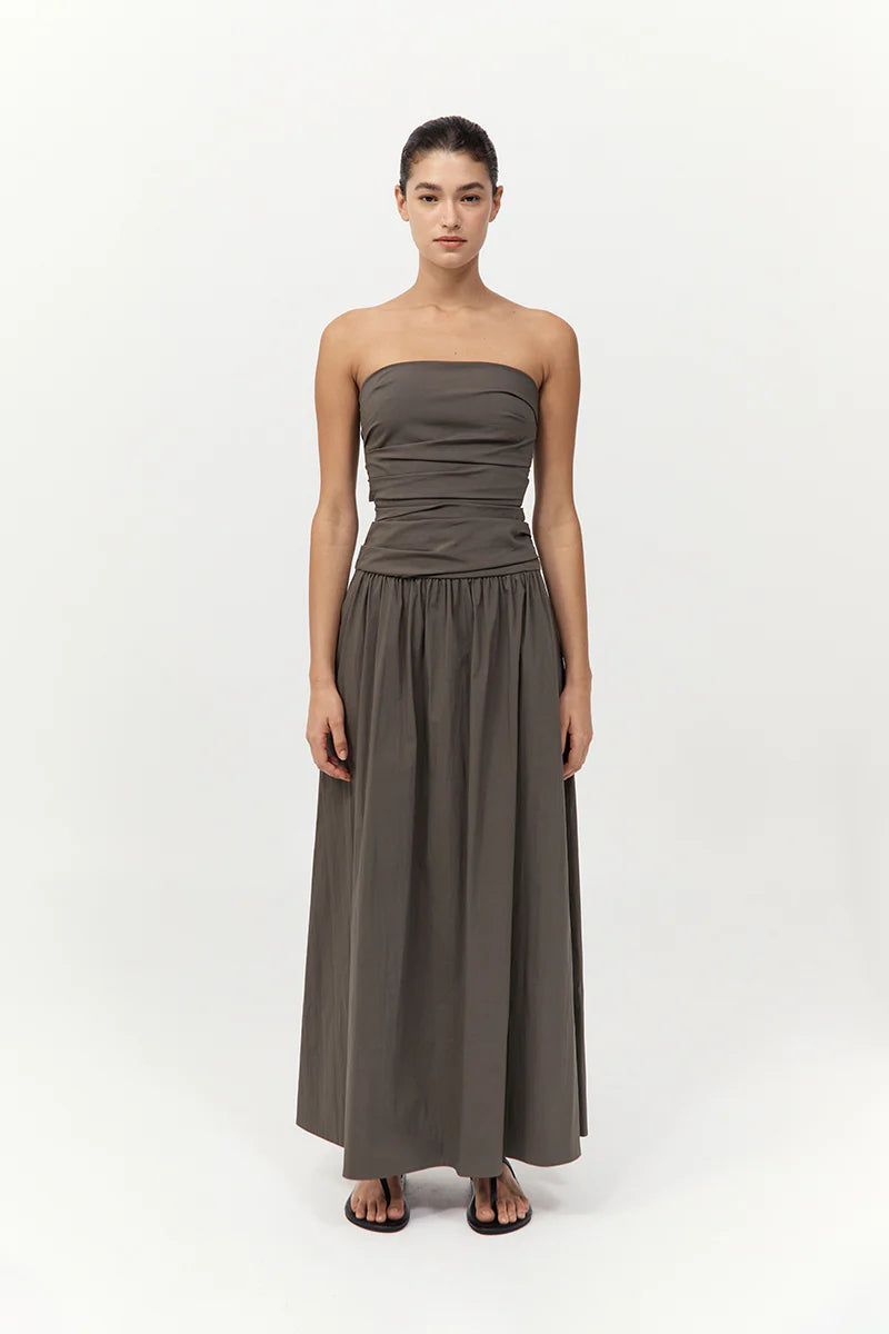 Gathered Strapless Tie Back Dress - Khaki