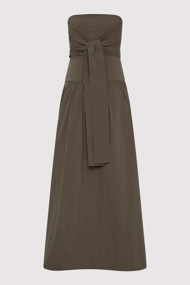 Gathered Strapless Tie Back Dress - Khaki