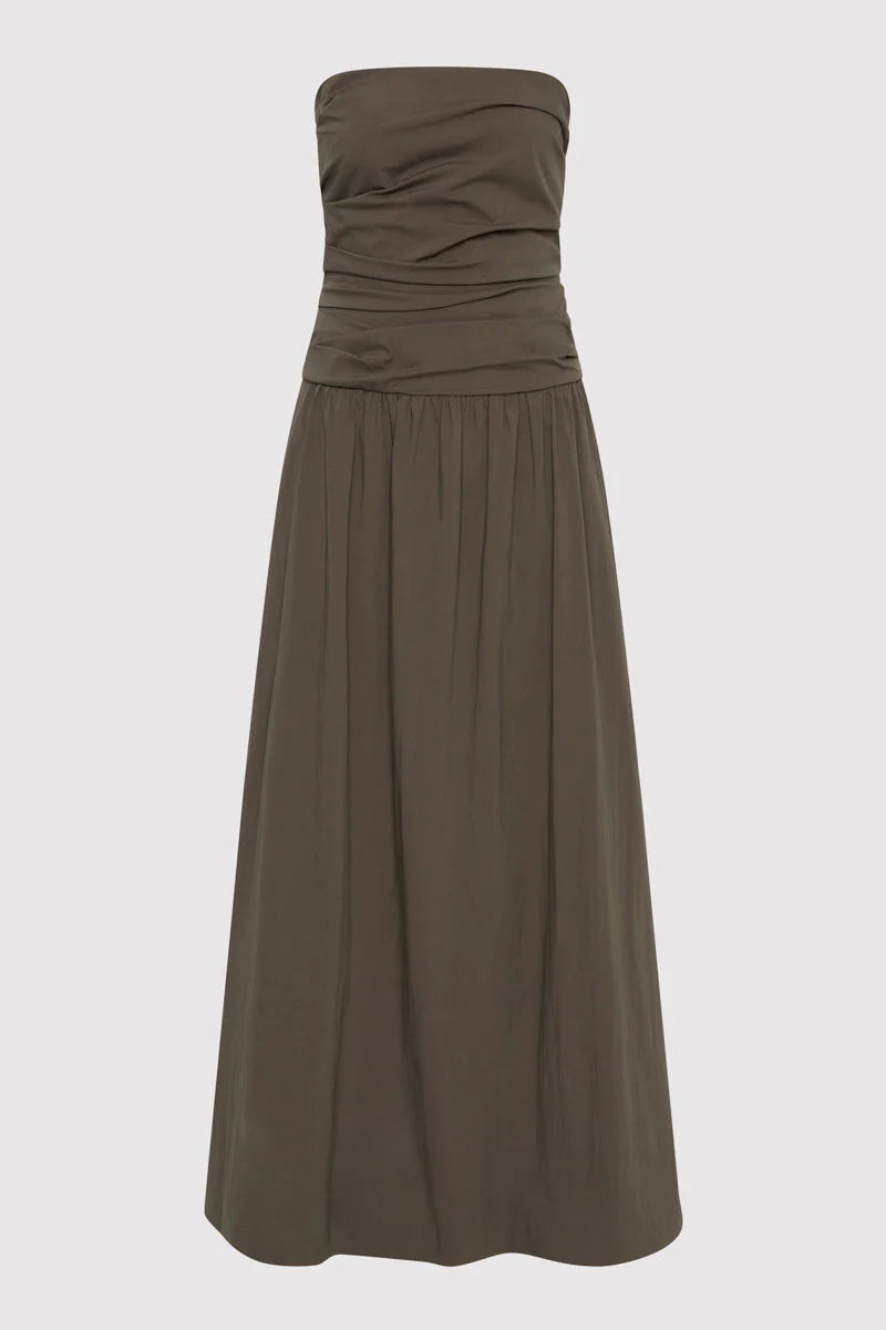 Gathered Strapless Tie Back Dress - Khaki