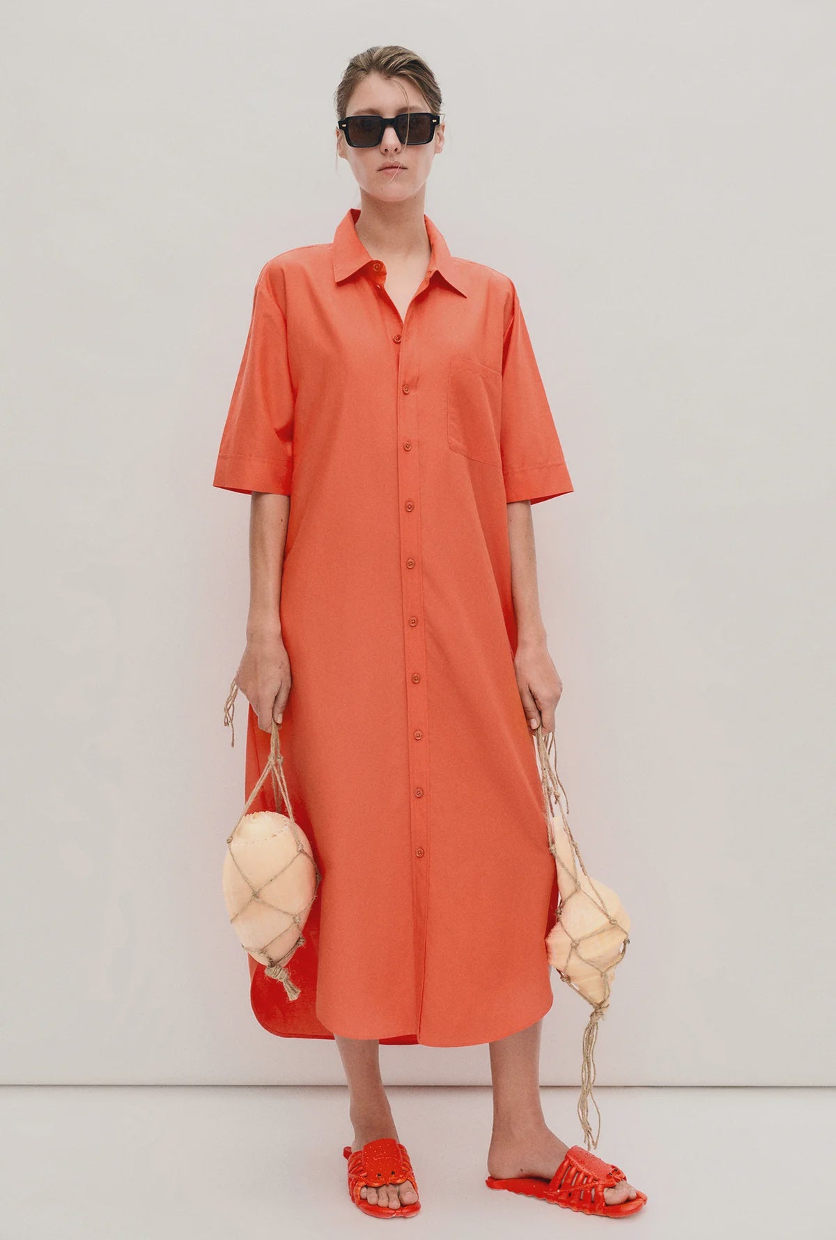 Short Sleeve Boyfriend Shirt Dress - Snapper