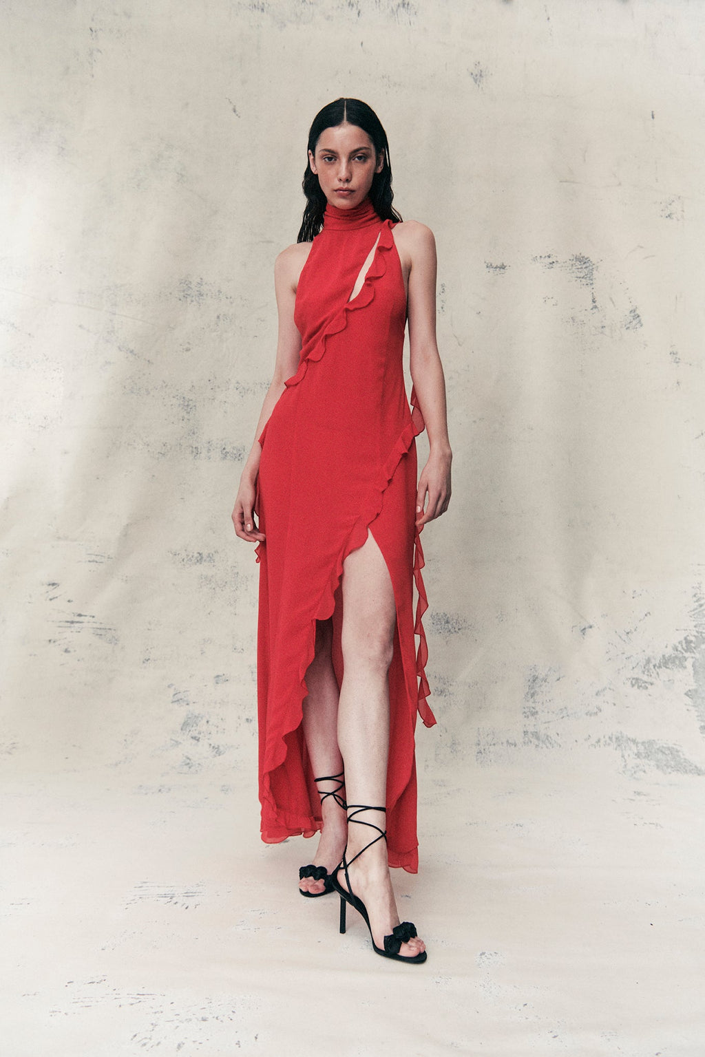 Parfait Halter Neck Dress -Red Chiffon