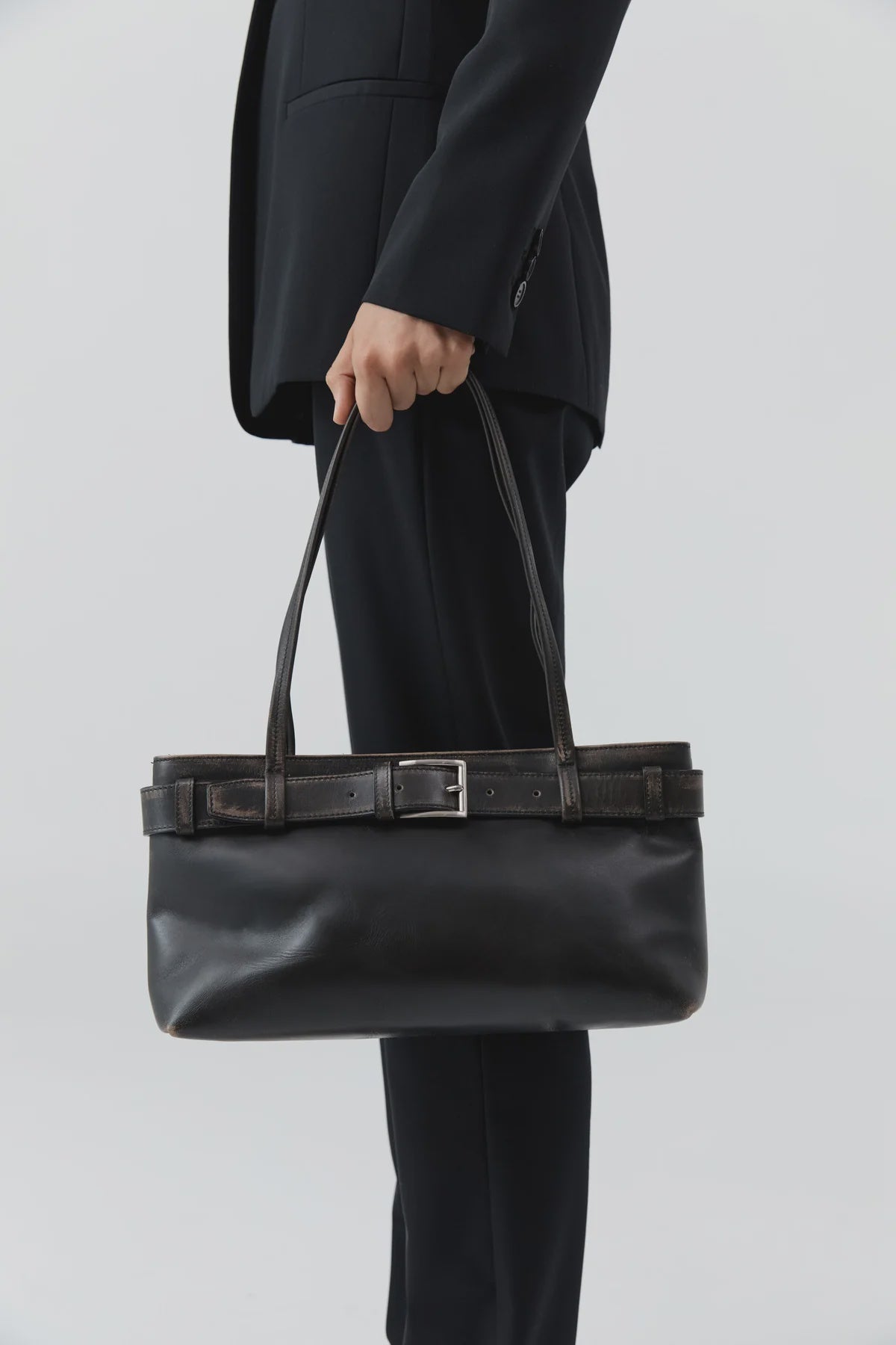 Pre Order * Brushed Belt Detail Baguette Black