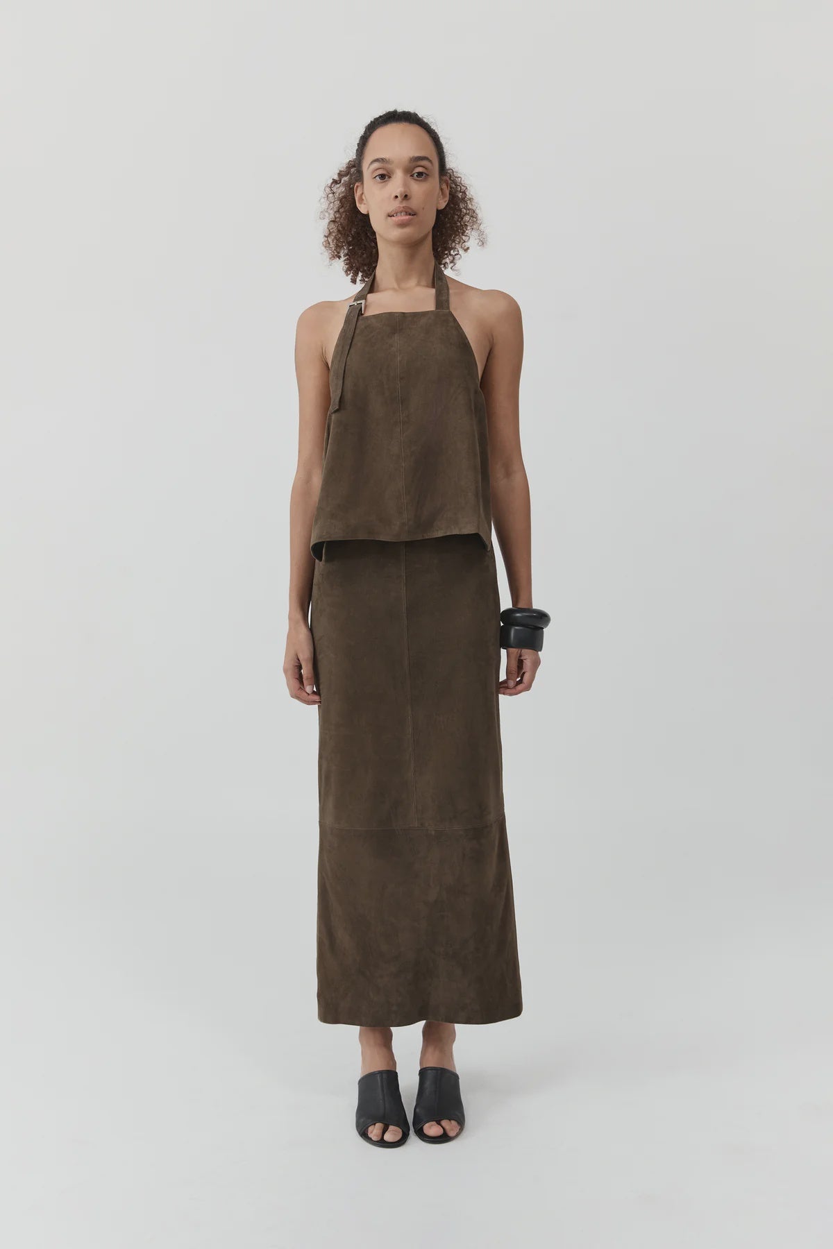 Suede Column Skirt Khaki