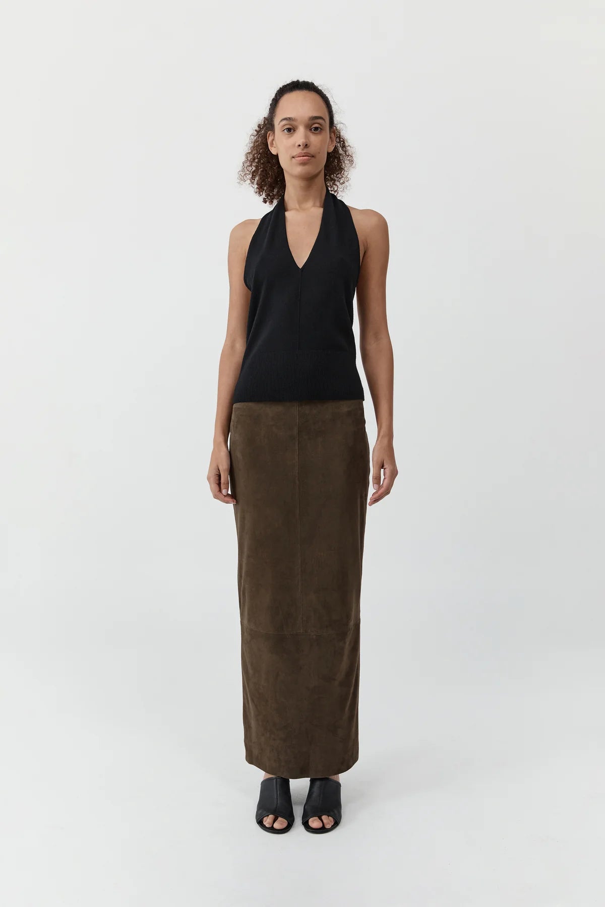 Suede Column Skirt Khaki