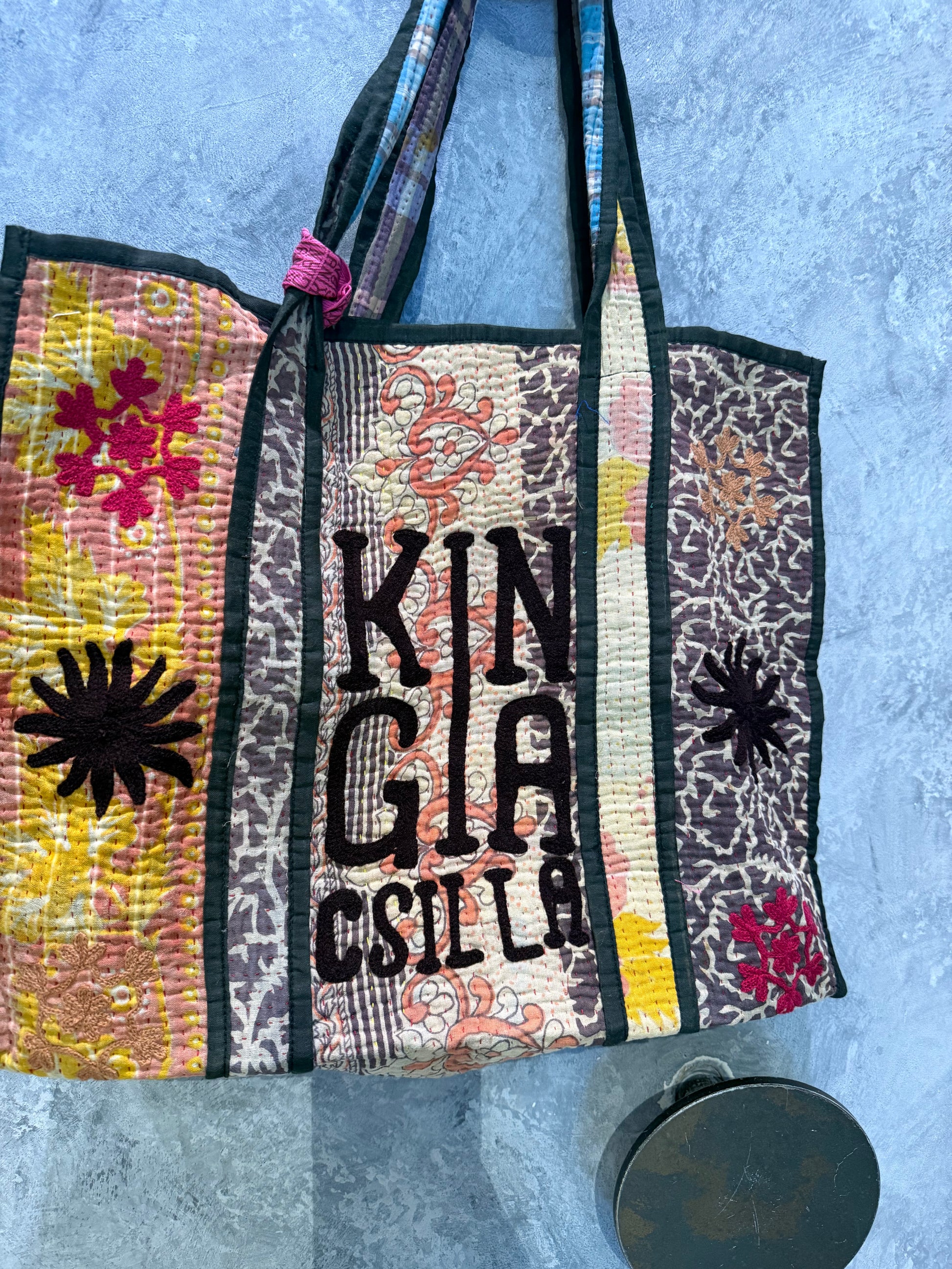 Indian Block Print Kantha Bag Gunmetal