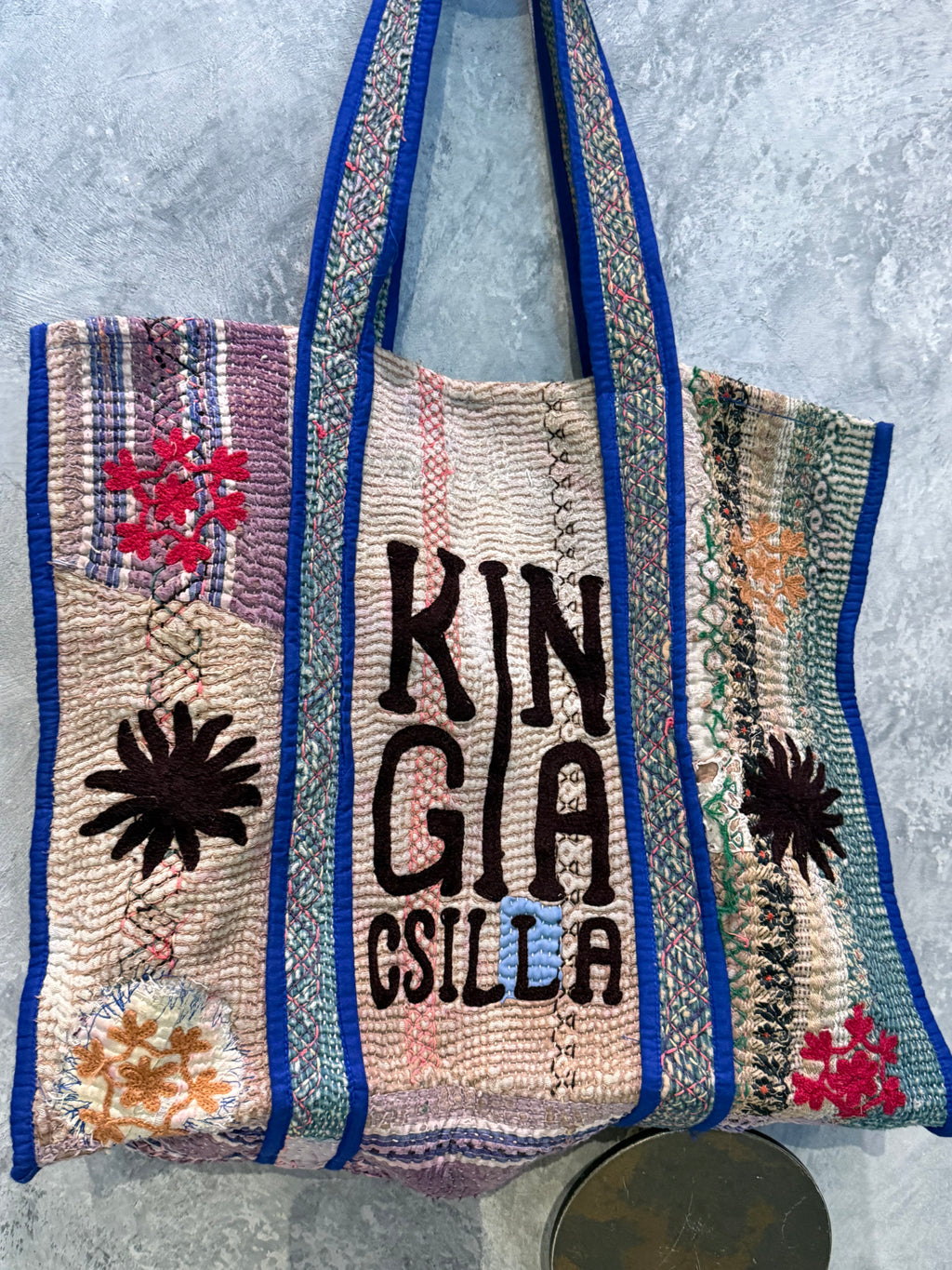 Indian Block Print Kantha Bag Blue