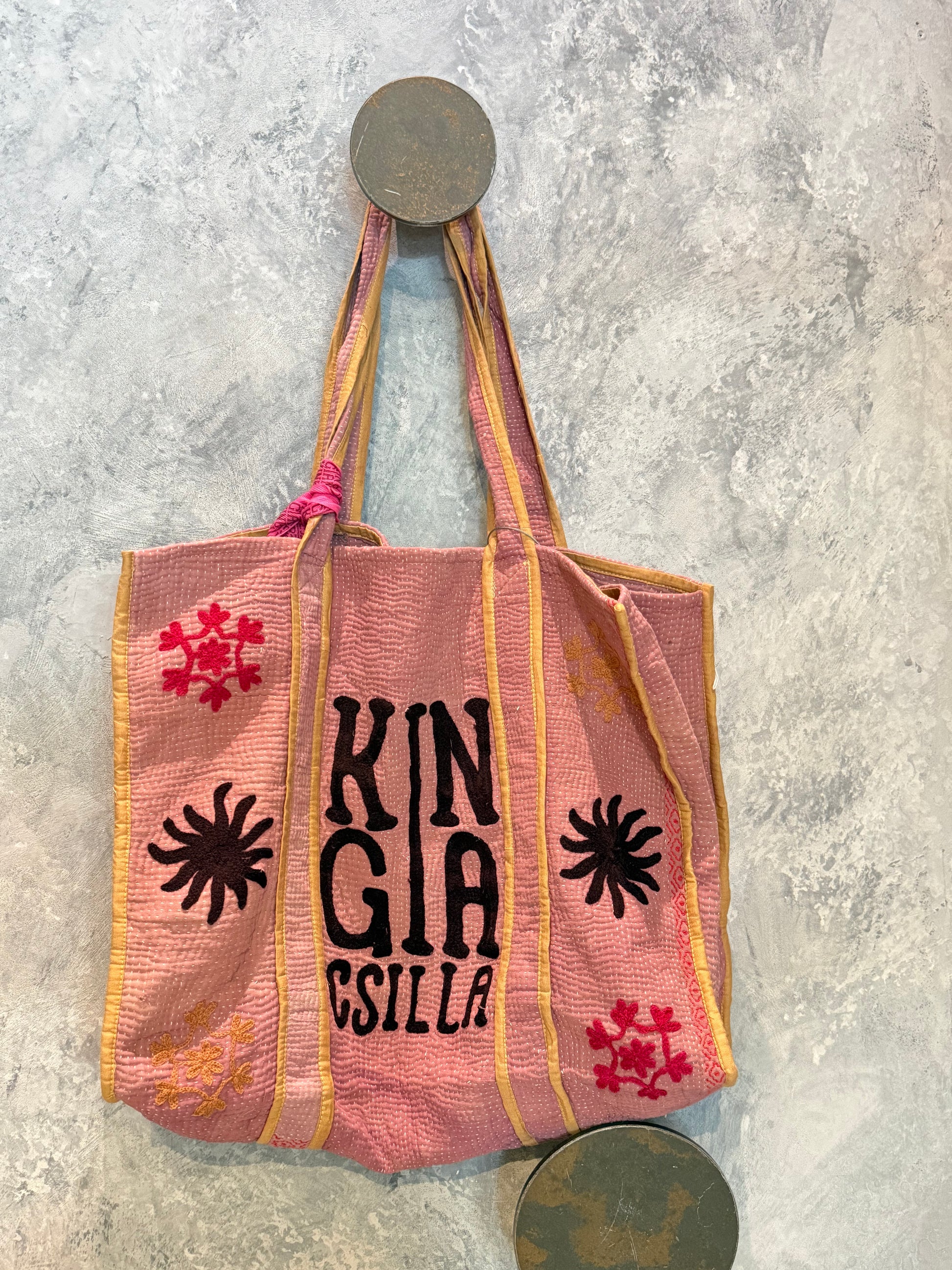 Indian Block Print Kantha Bag Pink
