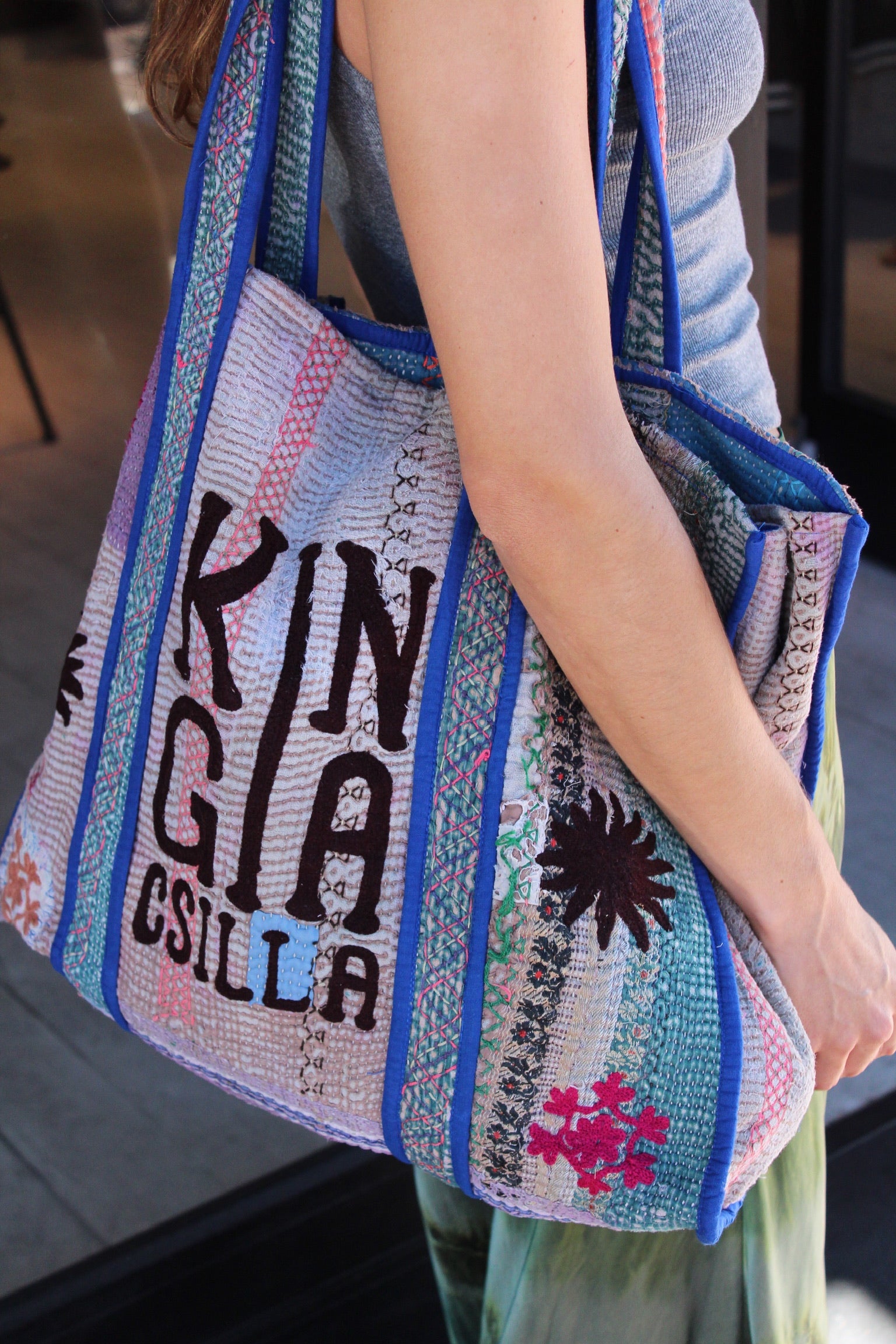 Indian Block Print Kantha Bag Blue