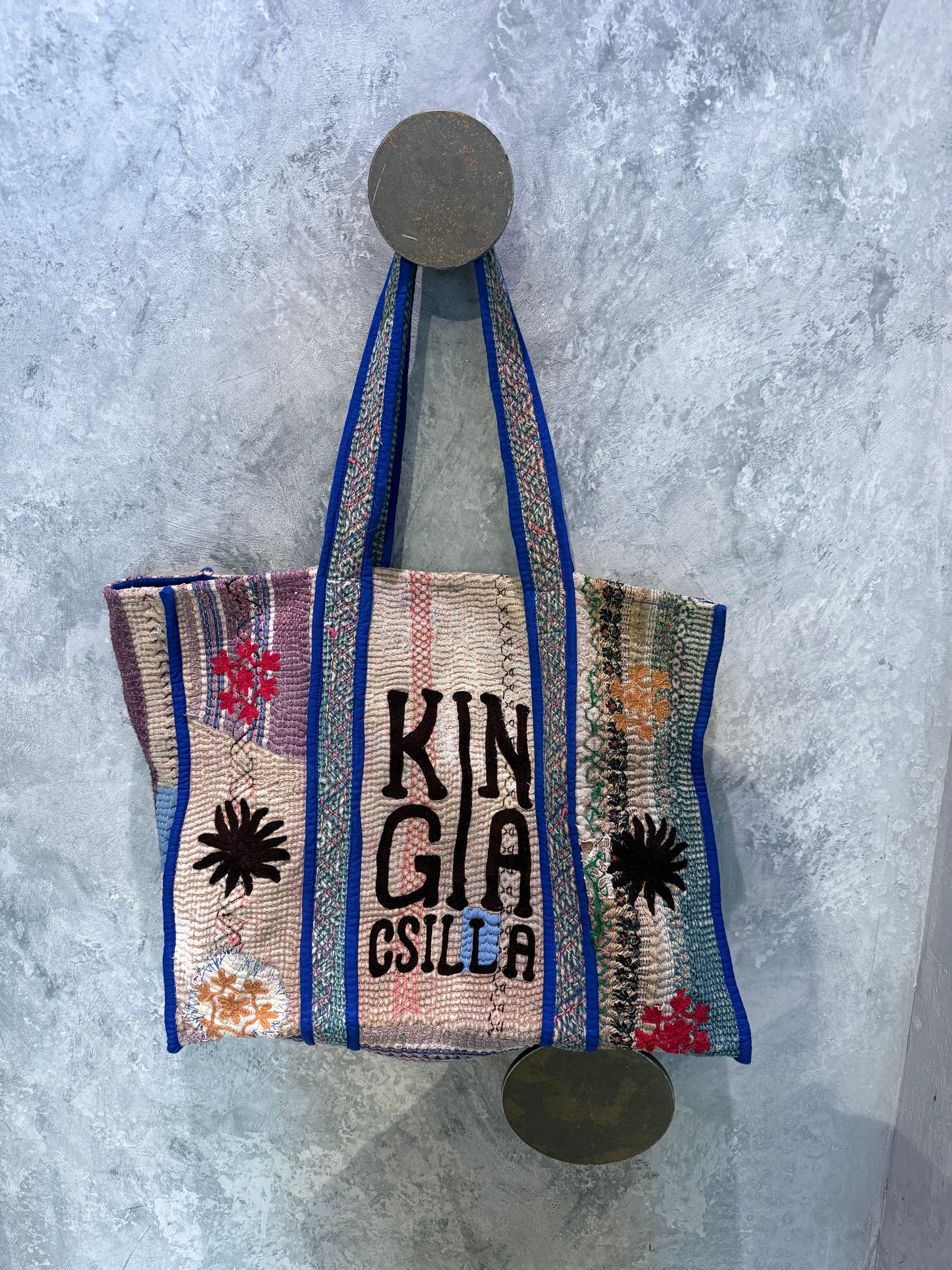 Indian Block Print Kantha Bag Blue