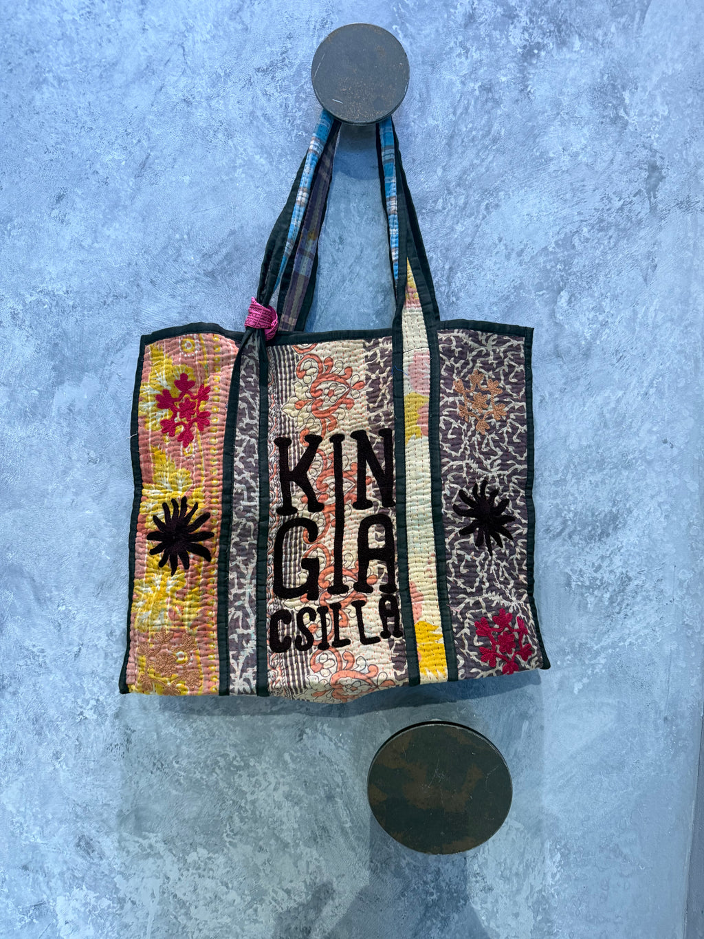 Indian Block Print Kantha Bag Gunmetal