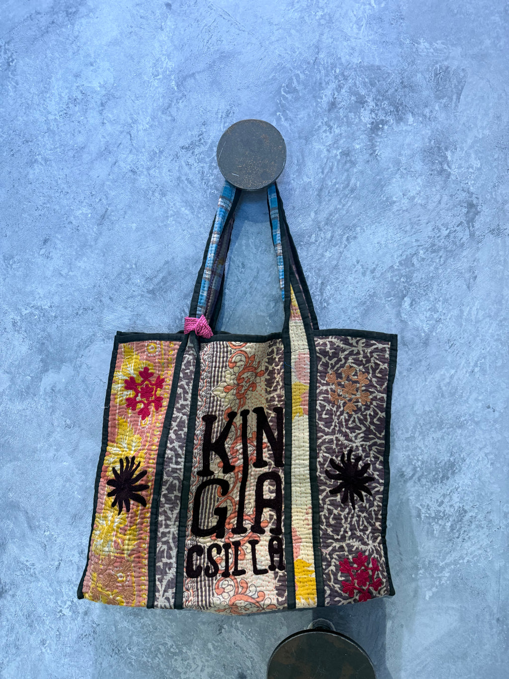 Indian Block Print Kantha Bag Gunmetal