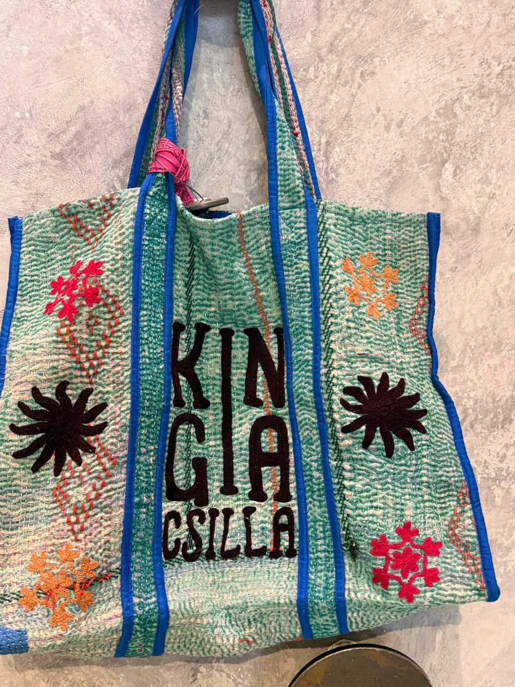 Indian Block Print Kantha Bag Green