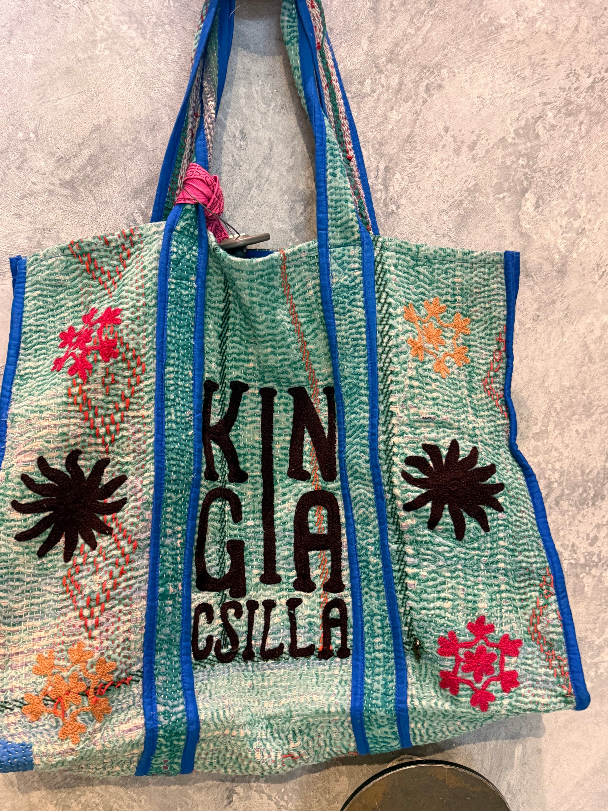 Indian Block Print Kantha Bag Green