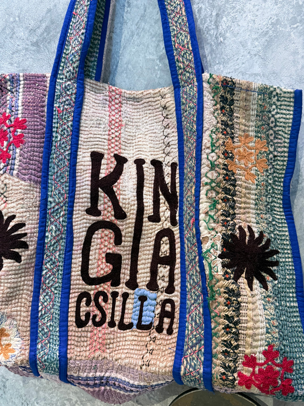 Indian Block Print Kantha Bag Blue