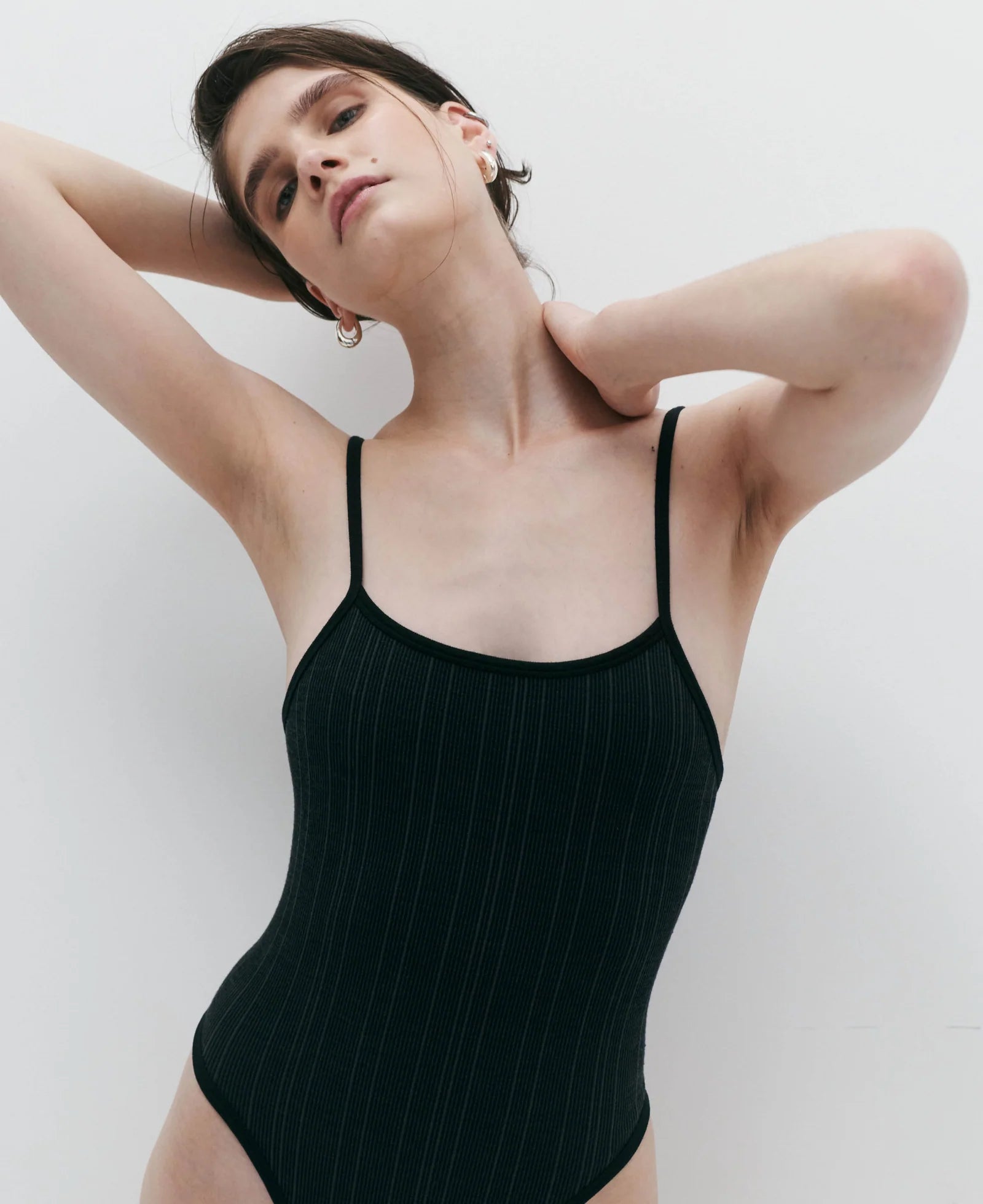 LANDING SOON Pinstripe Wool Bodysuit Black