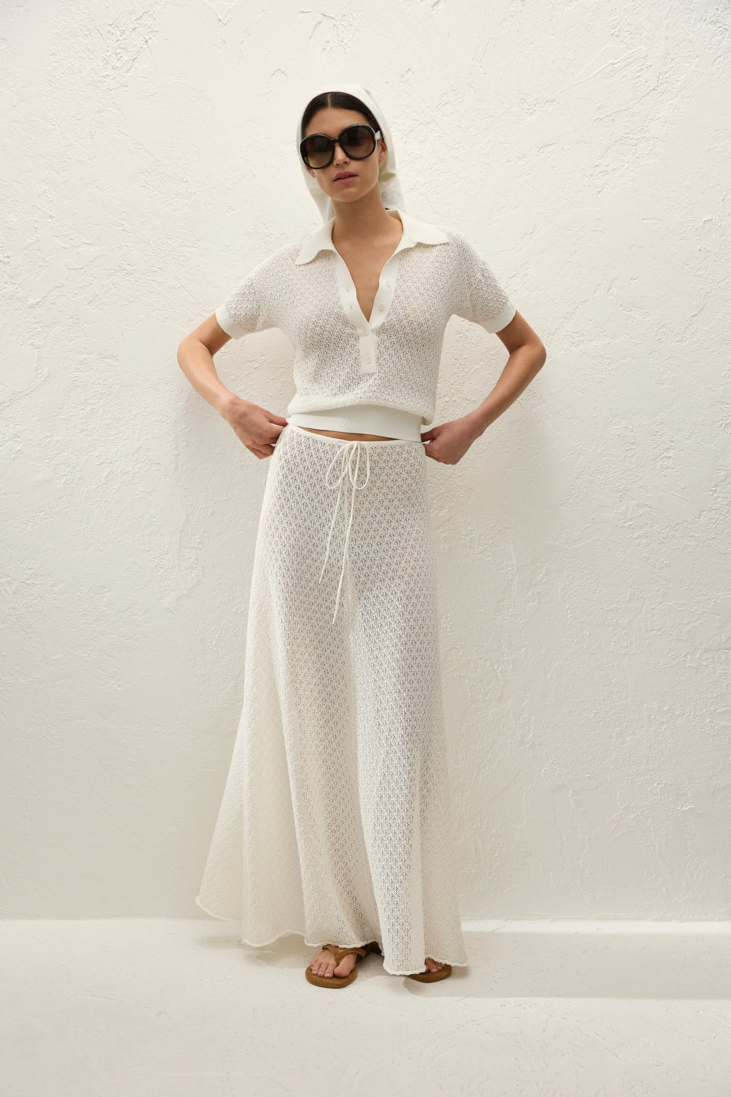 Lenna Polo Top Pointelle Lace Vintage White