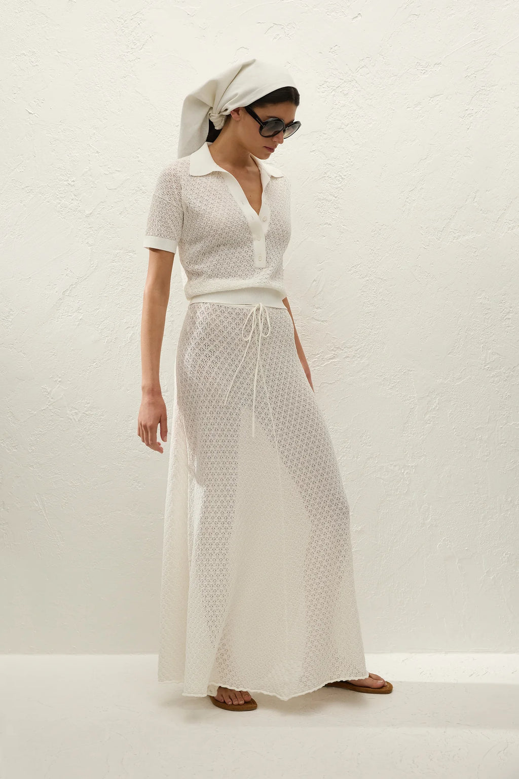 Lenna Polo Top Pointelle Lace Vintage White