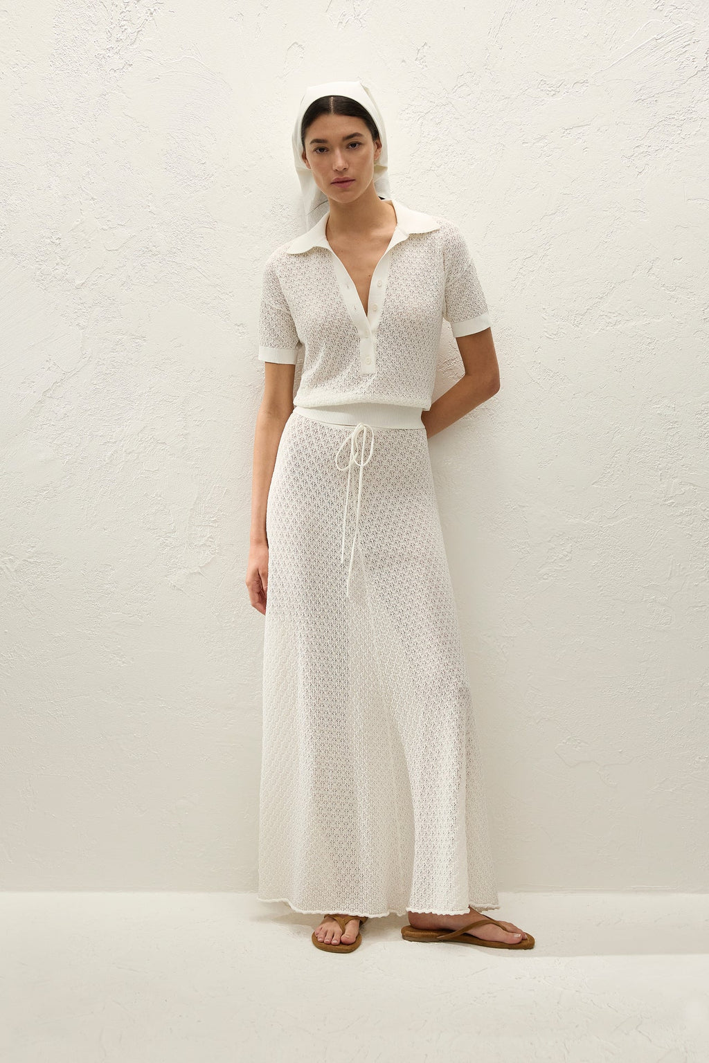 Lenna Polo Top Pointelle Lace Vintage White