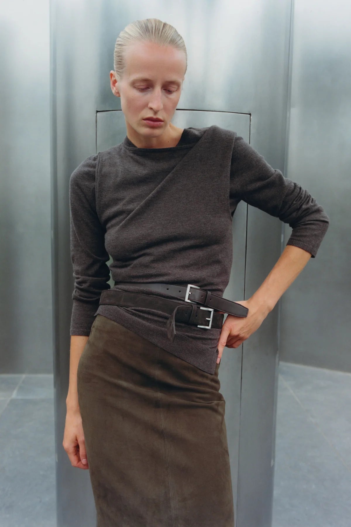 Suede Column Skirt Khaki