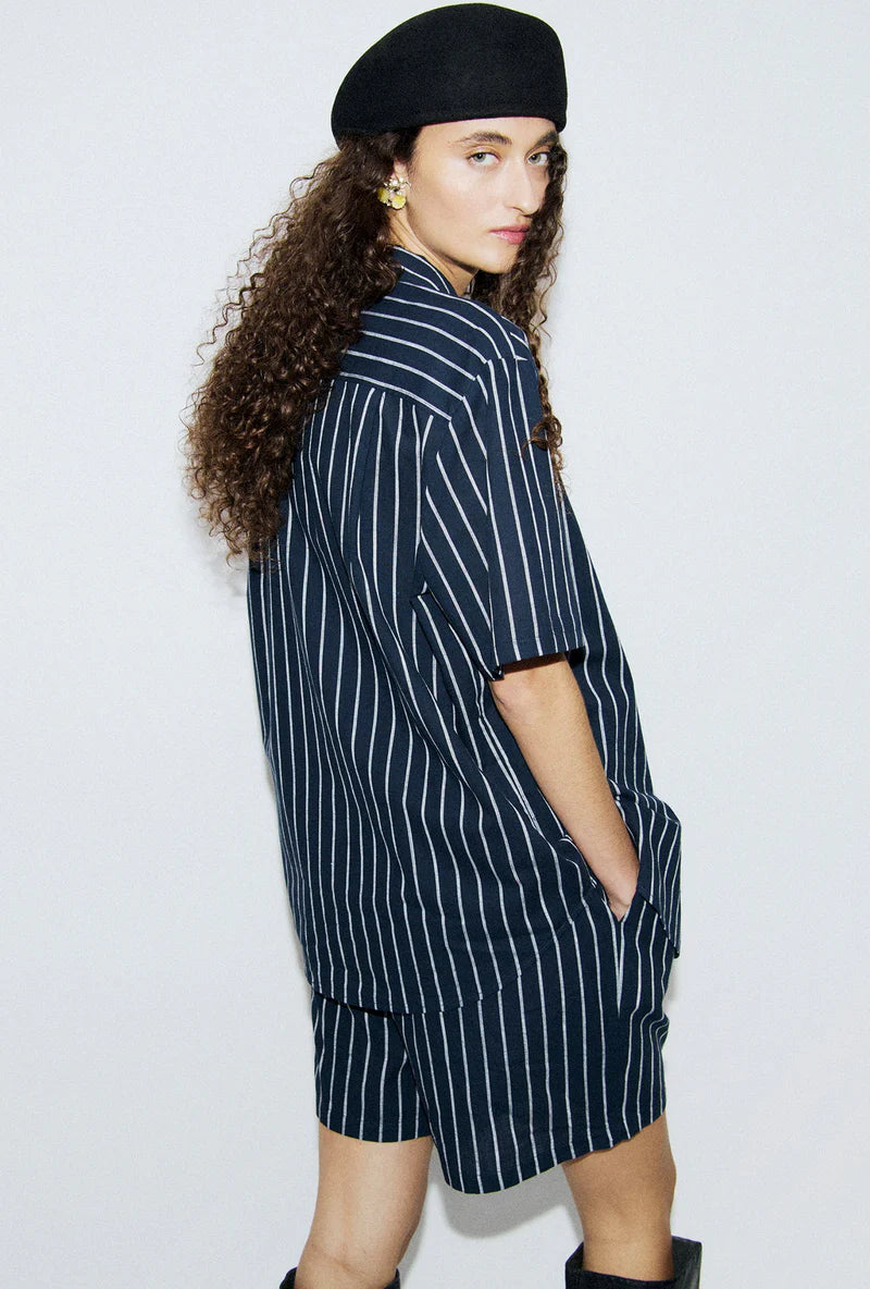 Cotton Short Sleeve Boyfriend Shirt Egret Stripe