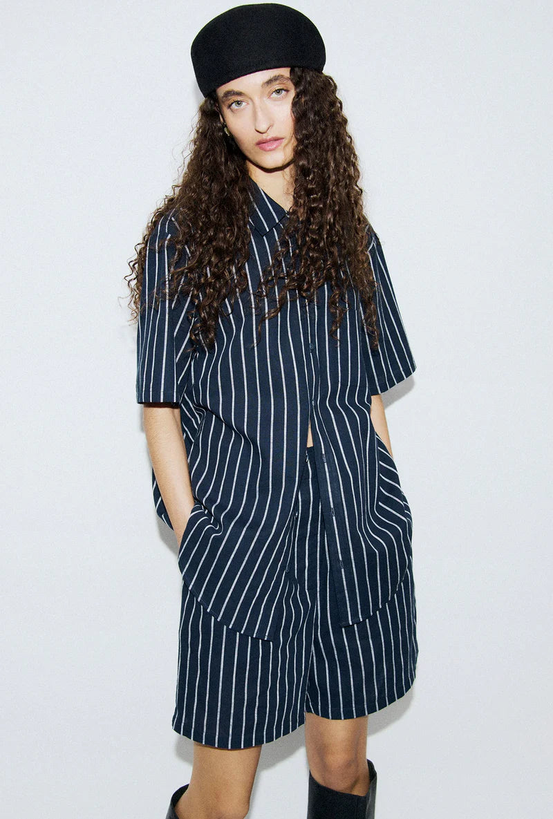 Cotton Short Sleeve Boyfriend Shirt Egret Stripe