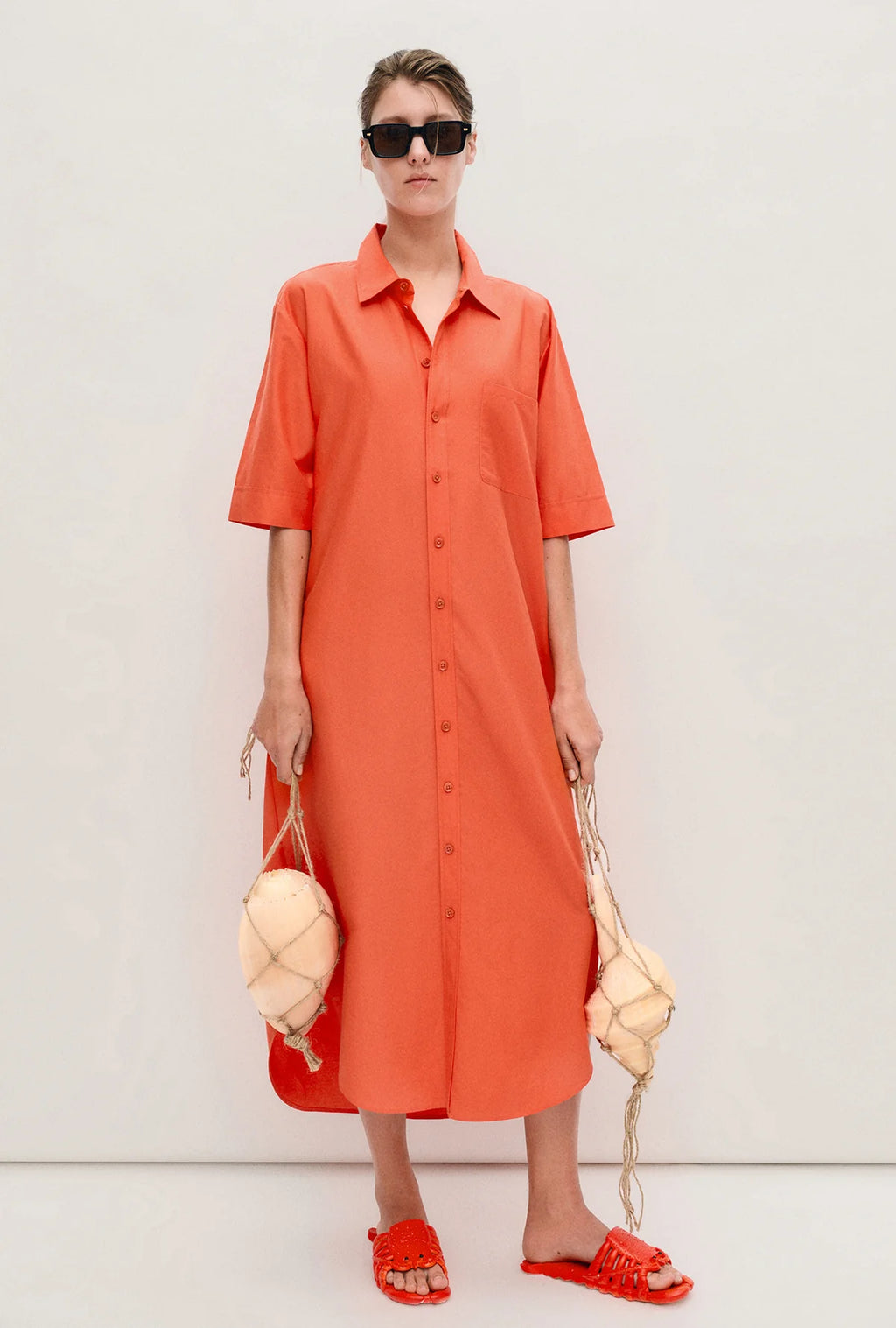 Short Sleeve Boyfriend Shirt Dress - Snapper